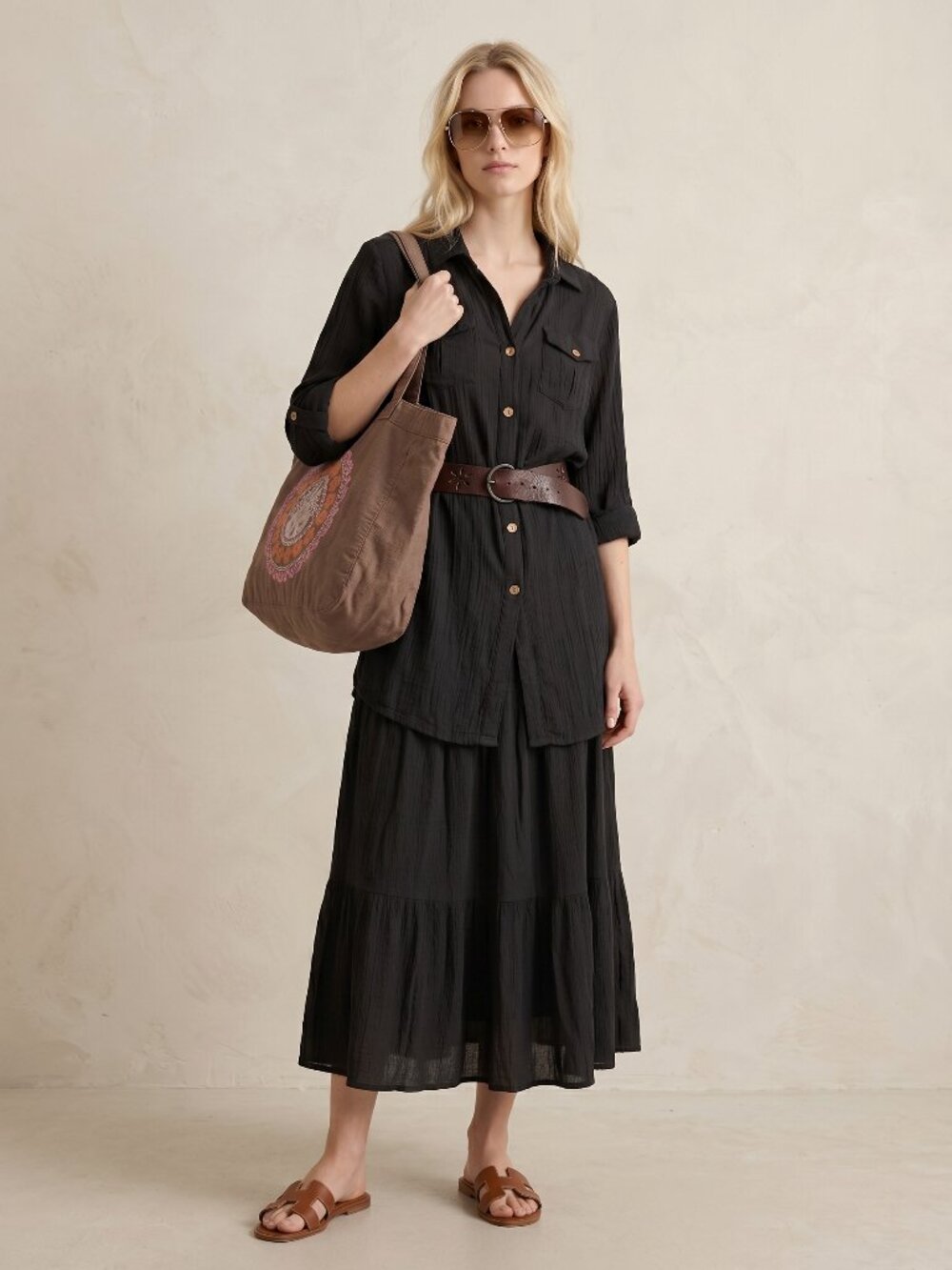 ✨4 Pc Capsule Outfit Black-Brown Shirt Skirt Belt Beach Tote for Vacation Summer